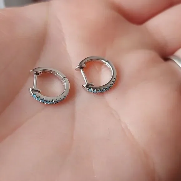 Platinum Plated 925 Sterling Silver Blue CZ Huggies Hoop Earrings - Picture 6 of 7